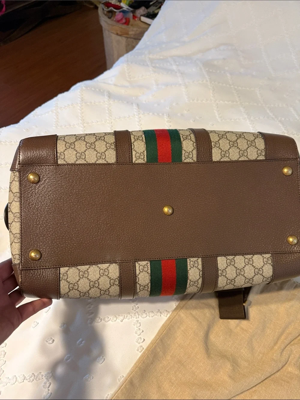 Gucci Brown GG Supreme Canvas Duffel with Green-Red Web Stripe MENS/ UNISEX